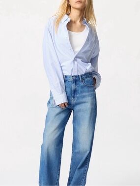 Uniqlo Wide Straight Leg Jeans Light Blue Wash Raw Hem High Waist Size 29 Baggy